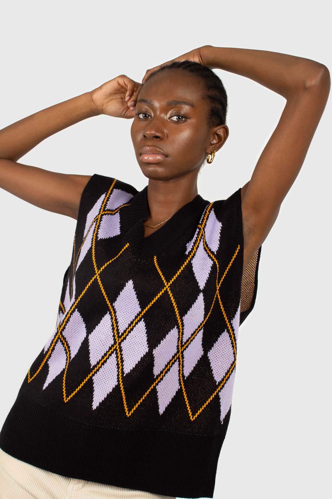 Black and lilac argyle sweater vest