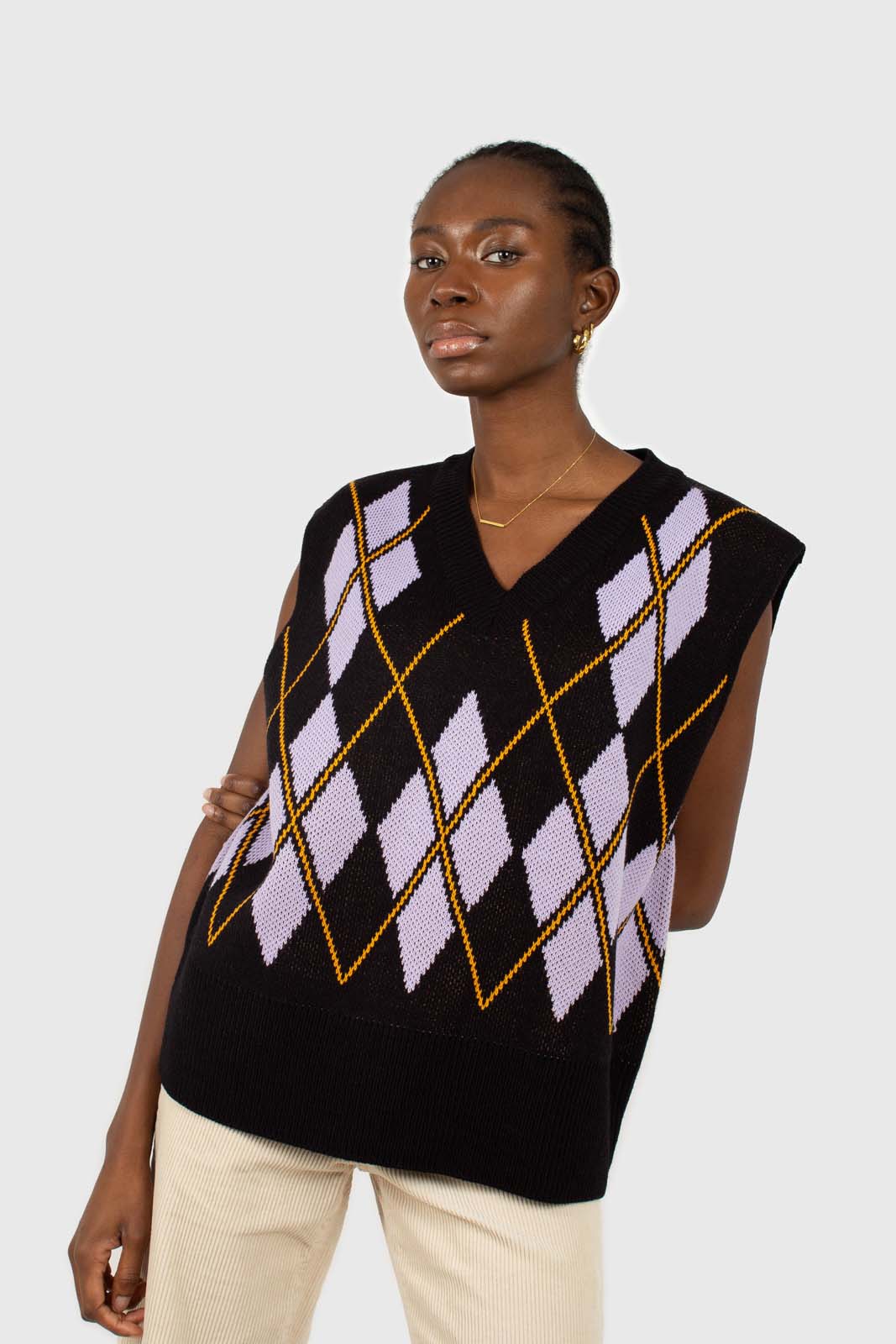 Black and lilac argyle sweater vest