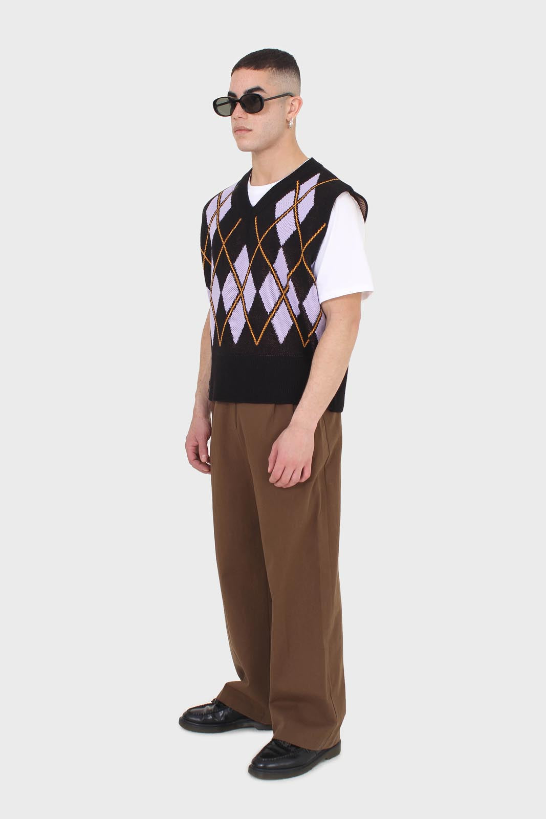 Black and lilac argyle sweater vest