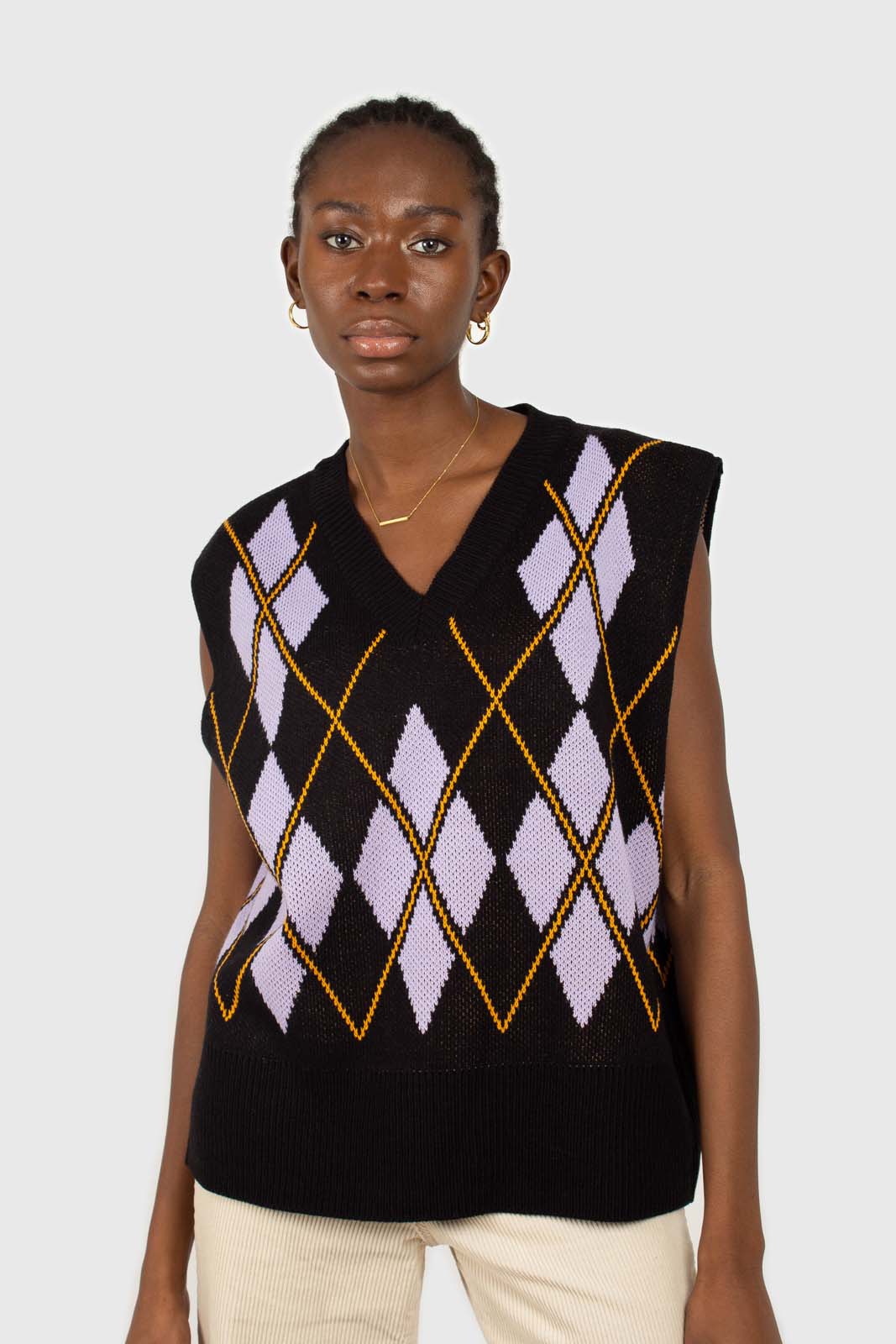 Black and lilac argyle sweater vest