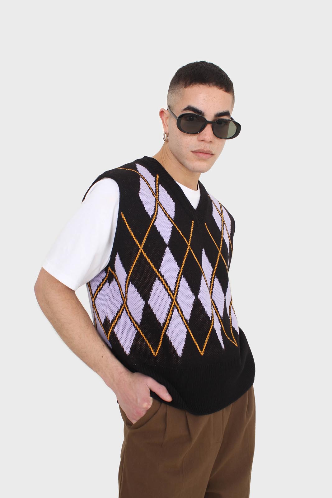 Black and lilac argyle sweater vest