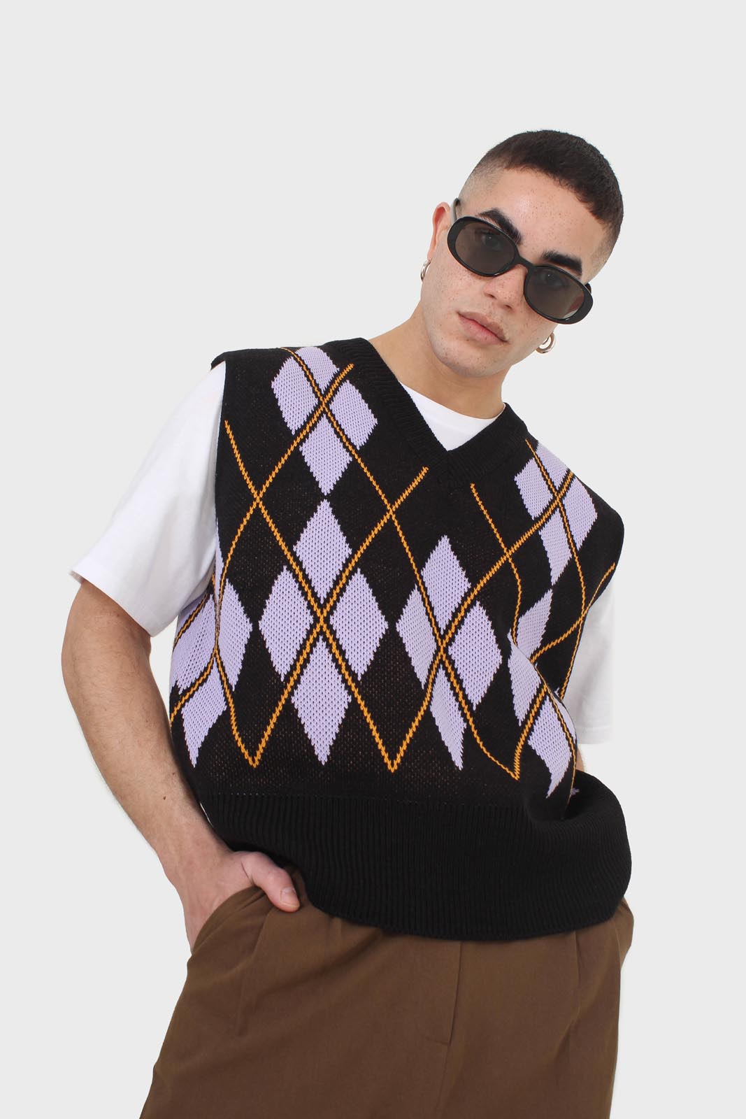 Black and lilac argyle sweater vest