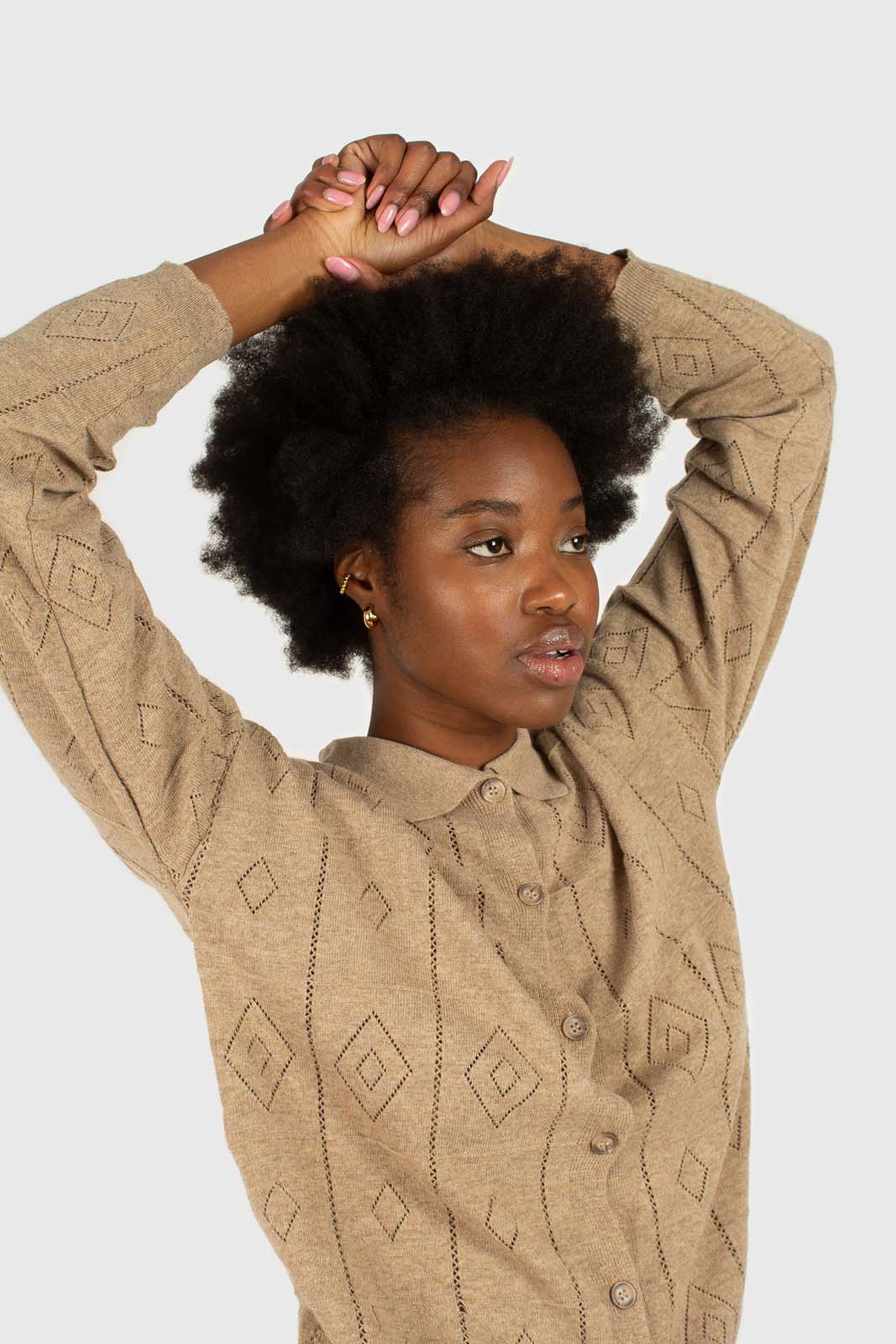 Beige patterned wool-blend knit polo top