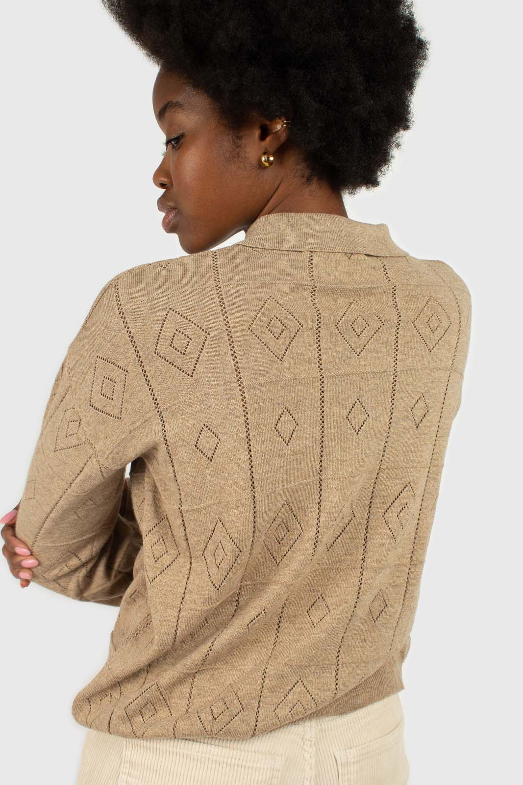 Beige patterned wool-blend knit polo top