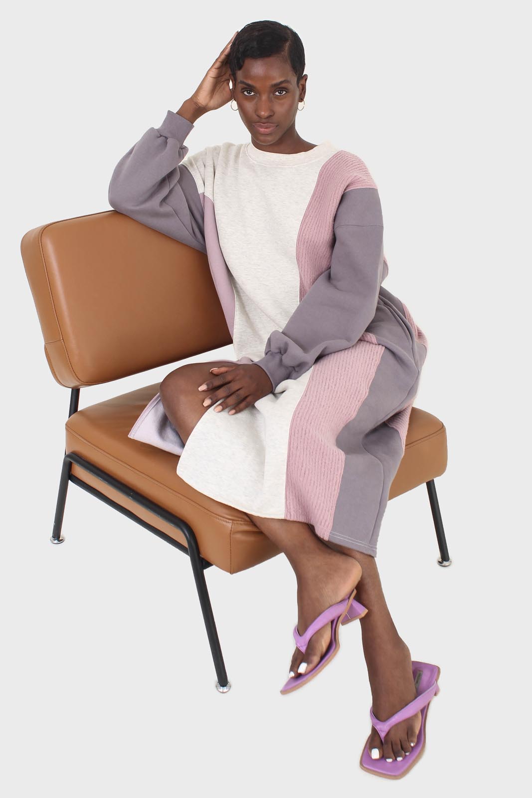 Grey and pink color block sweatshirt dress