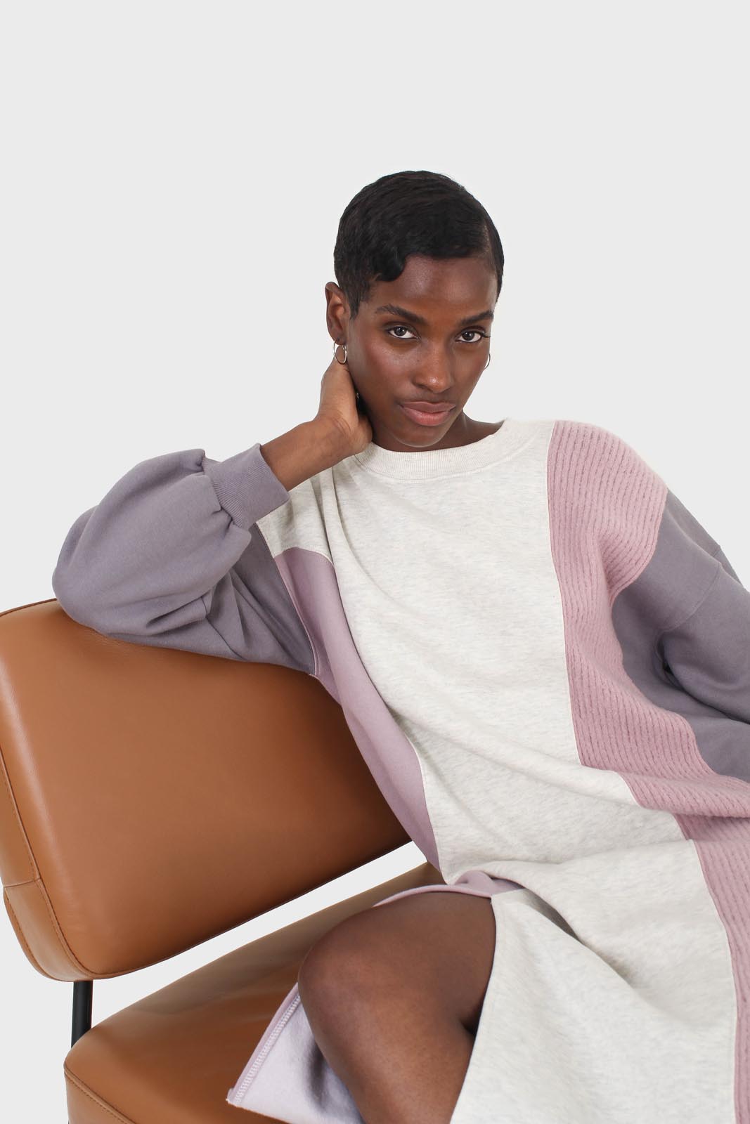 Grey and pink color block sweatshirt dress