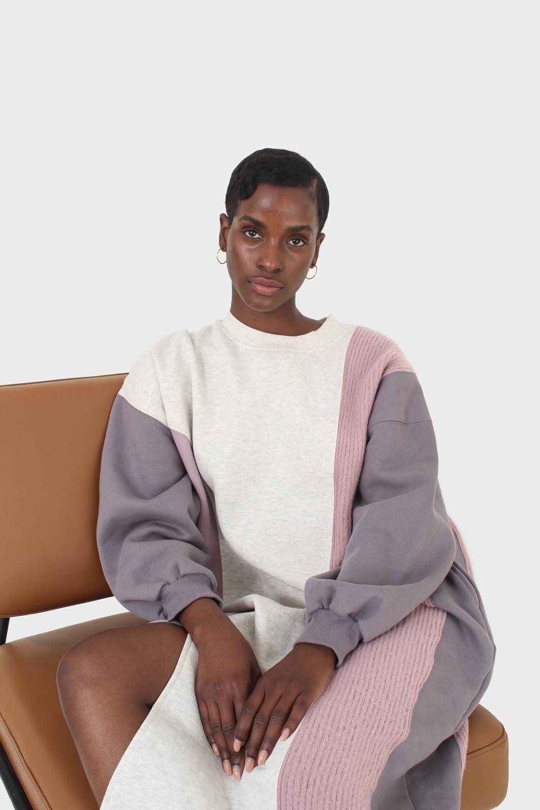 Grey and pink color block sweatshirt dress