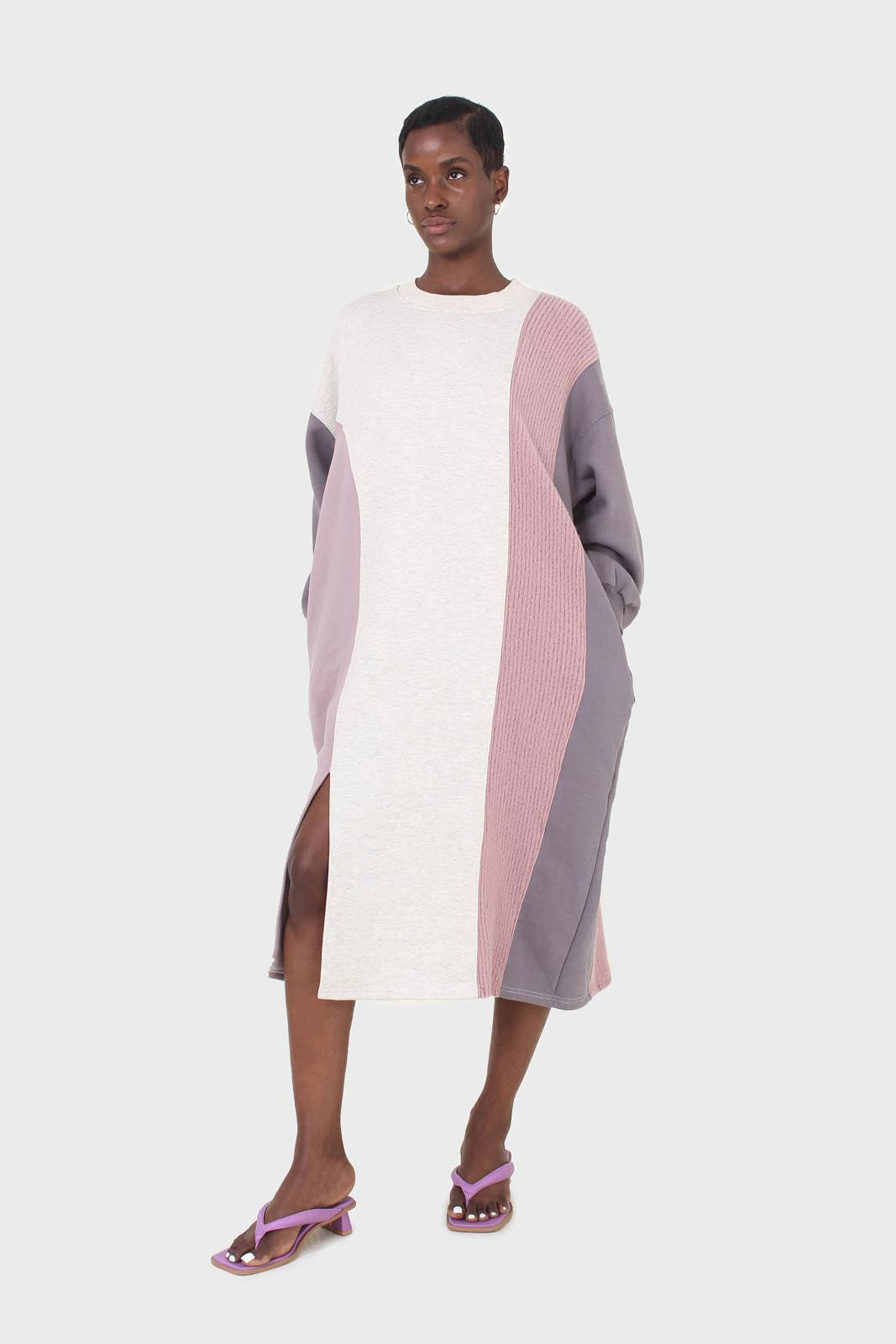 Grey and pink color block sweatshirt dress