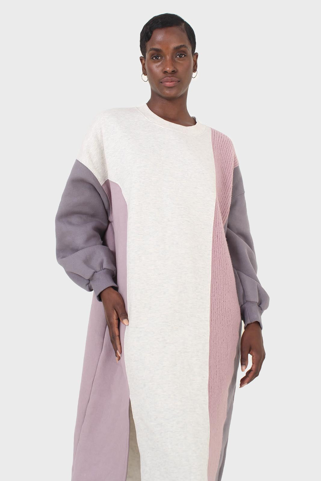 Grey and pink color block sweatshirt dress