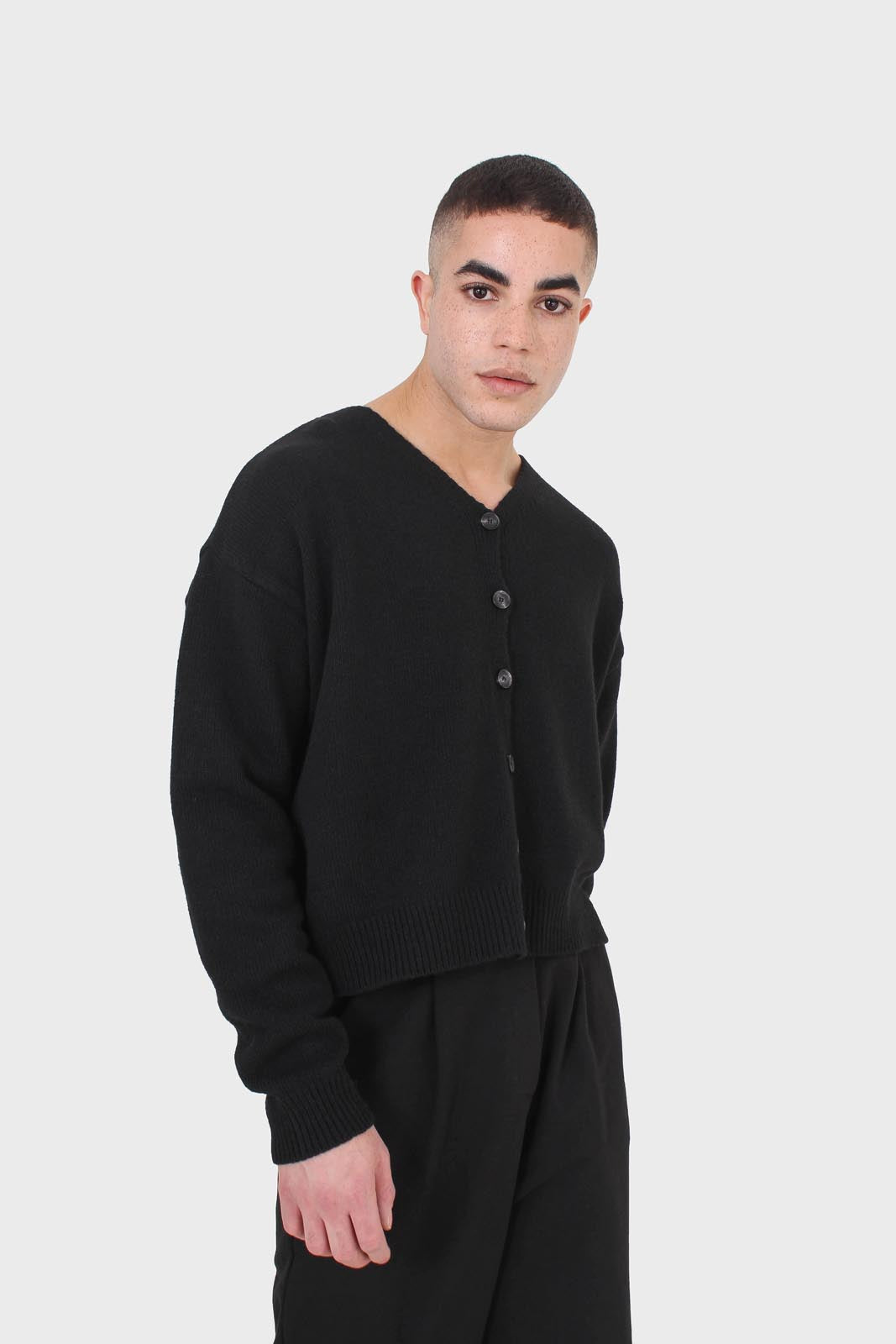 Black wool blend v-neck loose fit cardigan