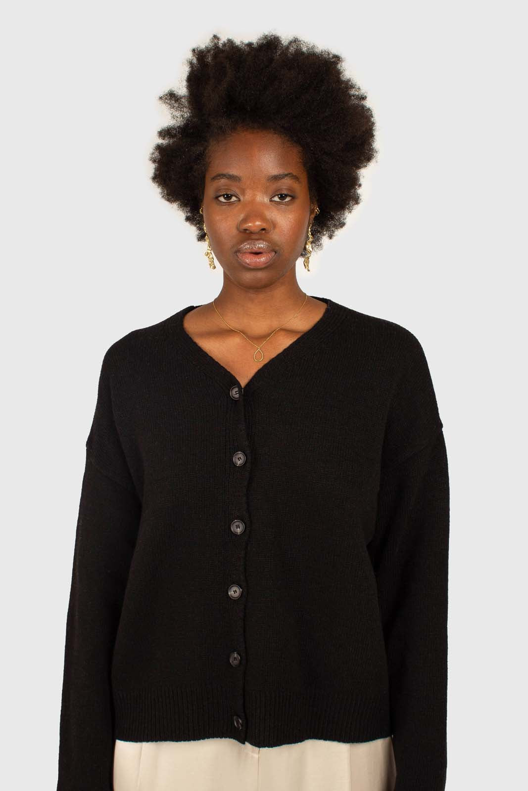 Black wool blend v-neck loose fit cardigan