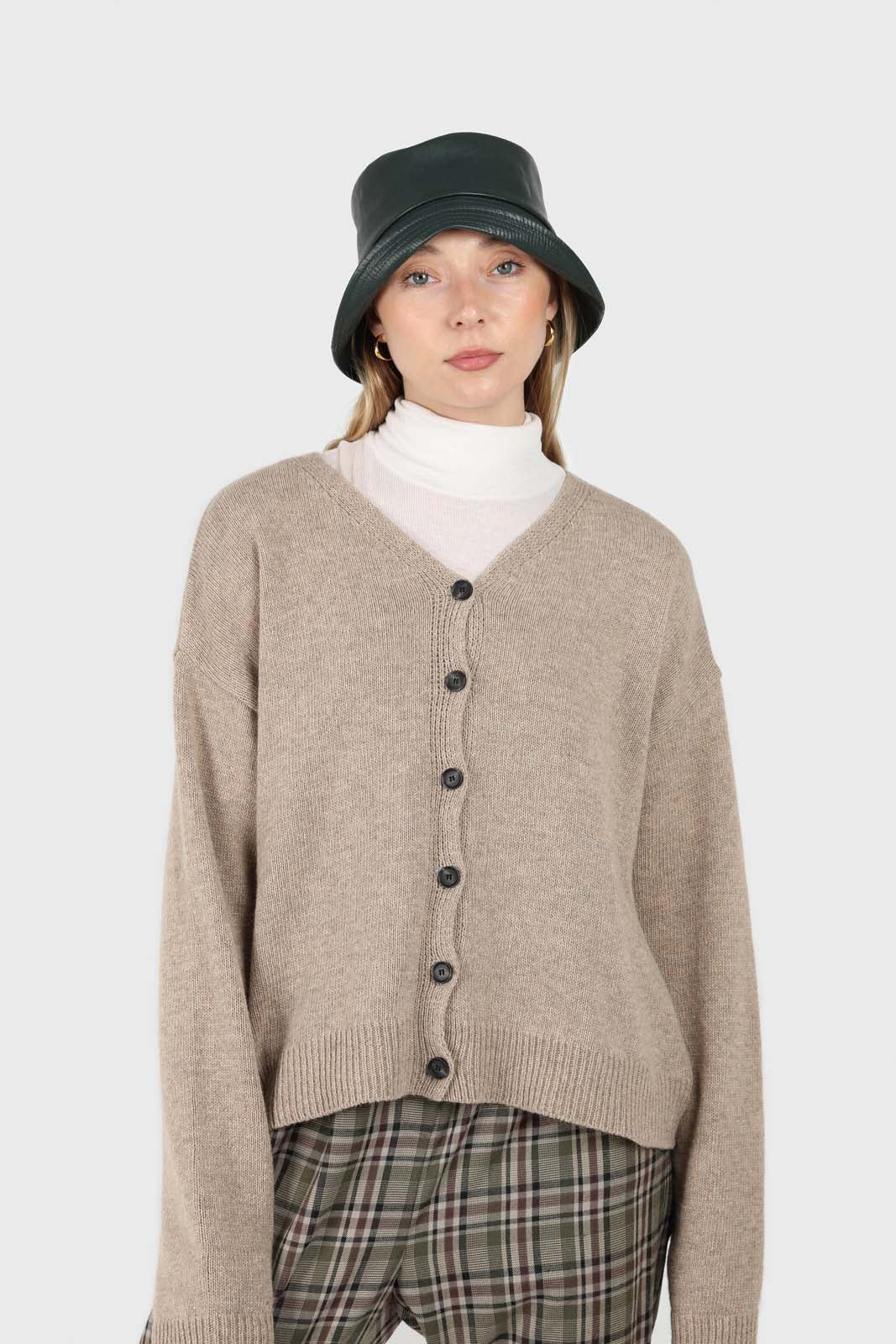 Light beige wool blend v-neck loose fit cardigan