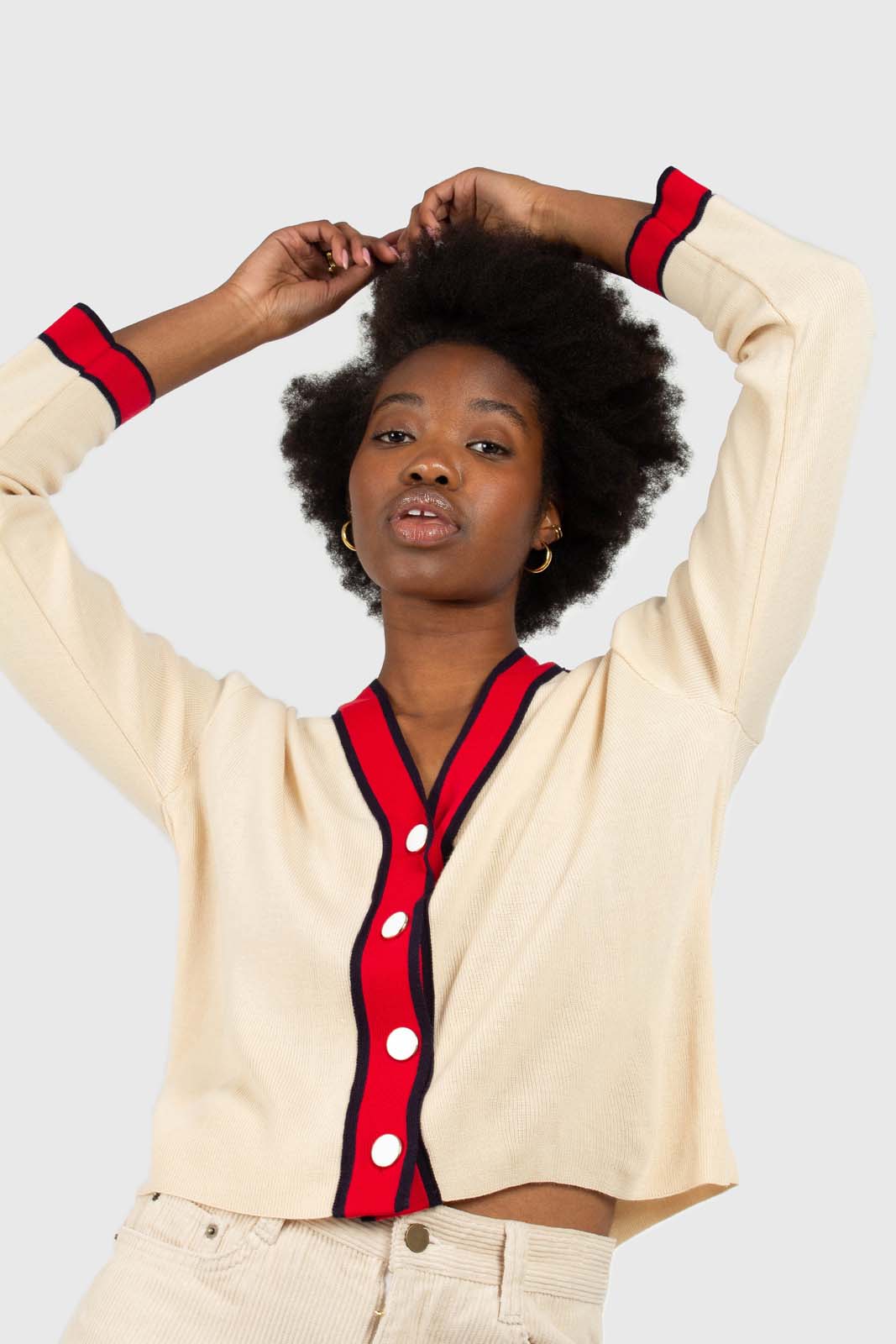 Light beige and red contrast trim cardigan
