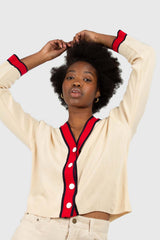 Light beige and red contrast trim cardigan
