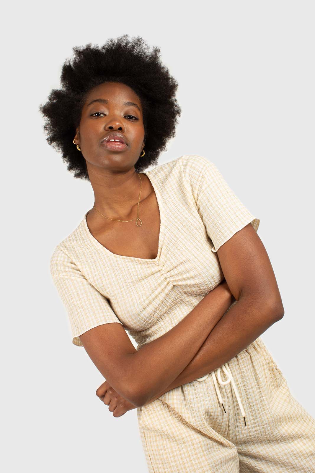 Beige gingham ruched neck tee