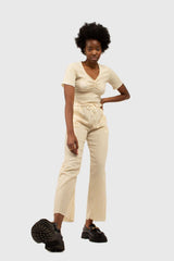 Beige gingham loose fit drawstring trousers