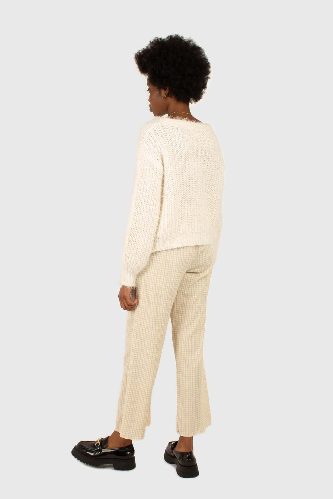 Beige gingham loose fit drawstring trousers