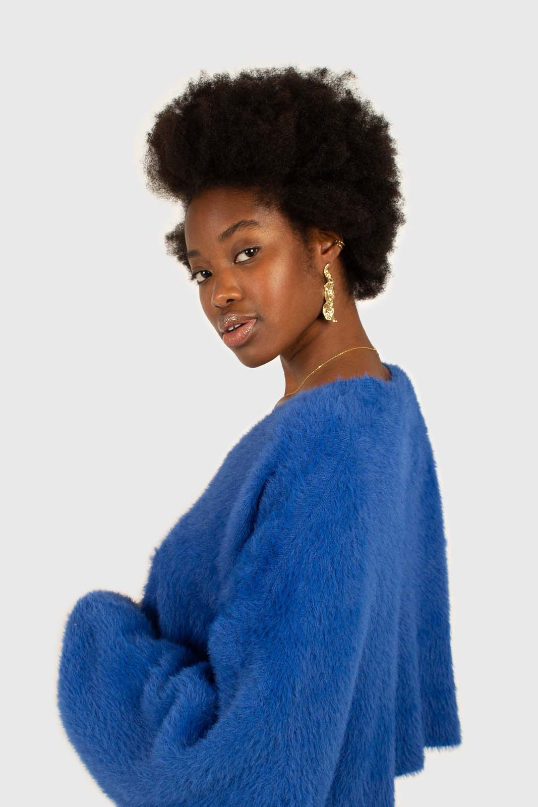 Bright blue fuzzy tortoise shell button cardigan