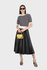 Black vegan leather pleated midi skirt