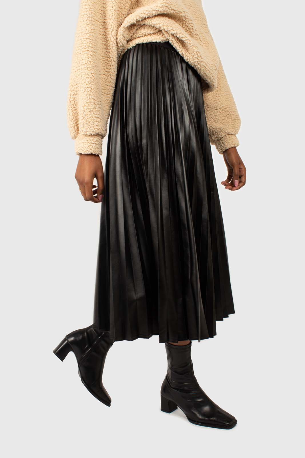Black vegan leather pleated midi skirt
