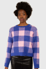 Bright blue and pink block plaid jumper