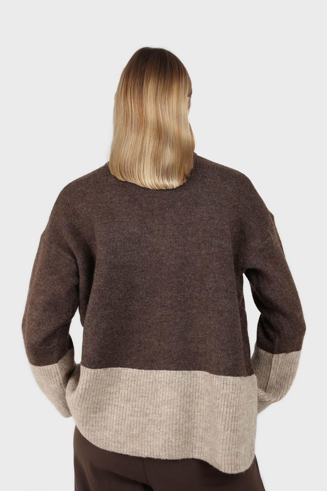 Brown and beige colorblock front slit jumper