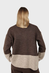Brown and beige colorblock front slit jumper