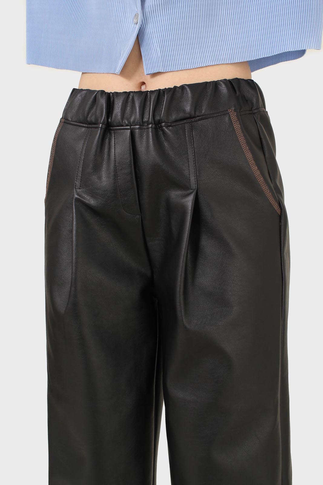 Black vegan leather contrast stitch trousers