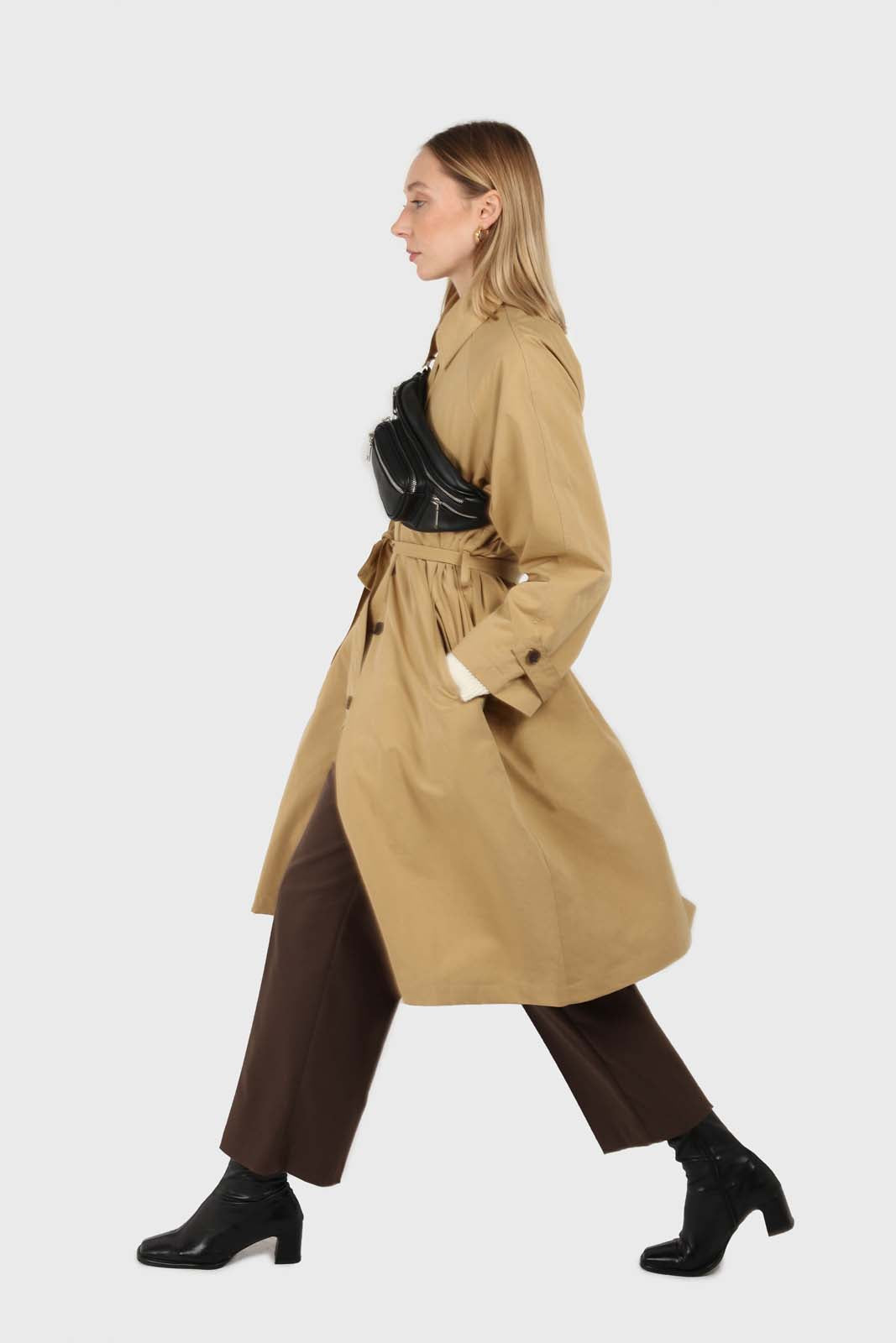 Dark beige single breasted hidden button trench coat