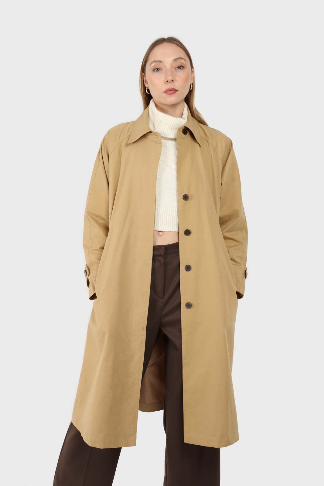 Dark beige single breasted hidden button trench coat