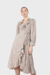 Ivory and brown animal print ruffle trim wrap dress