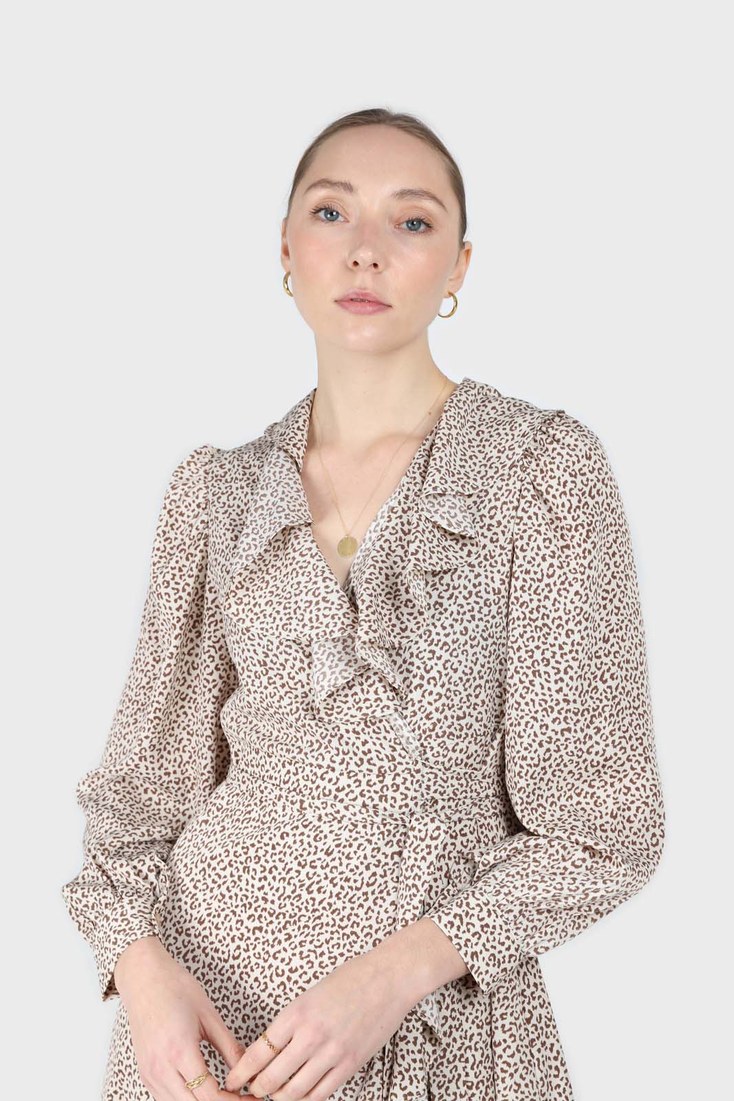 Ivory and brown animal print ruffle trim wrap dress