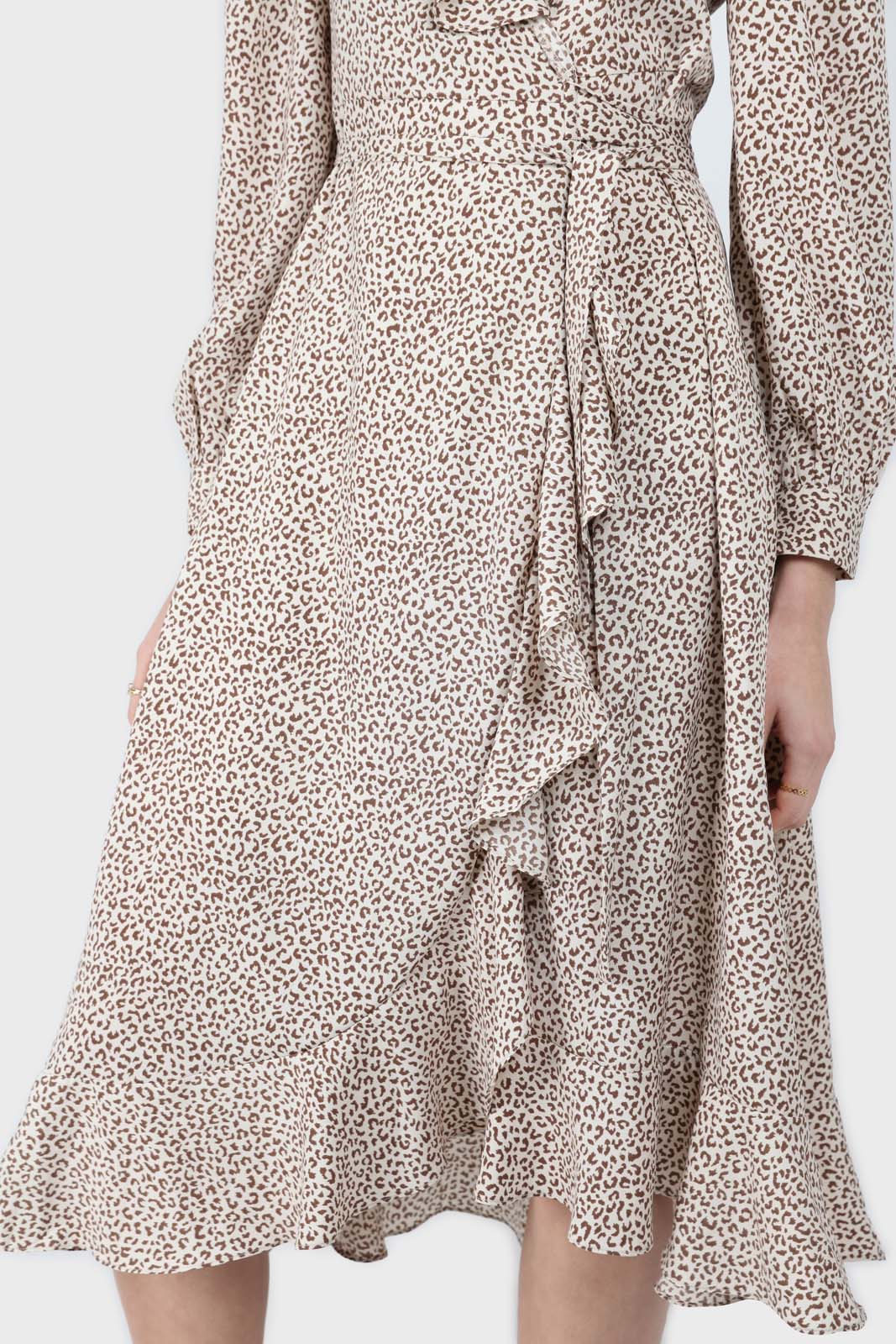 Ivory and brown animal print ruffle trim wrap dress