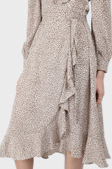Ivory and brown animal print ruffle trim wrap dress