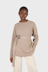 Beige wool blend belted oversized jumper