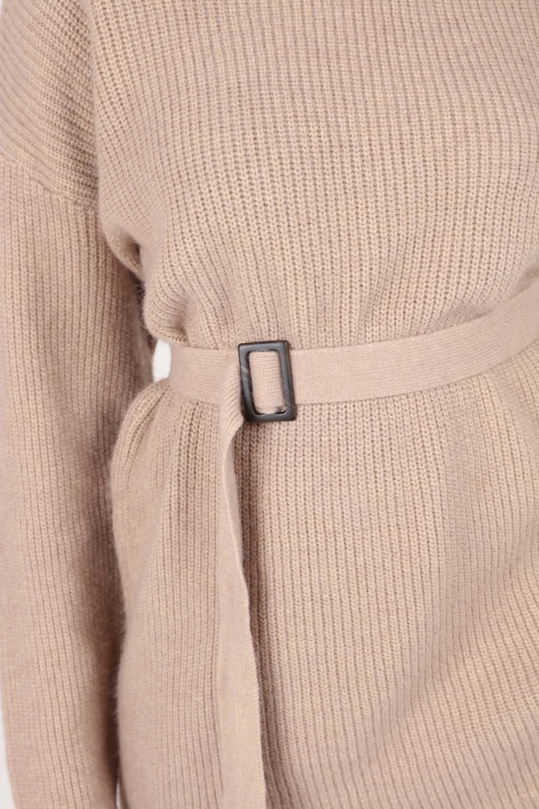 Beige wool blend belted oversized jumper