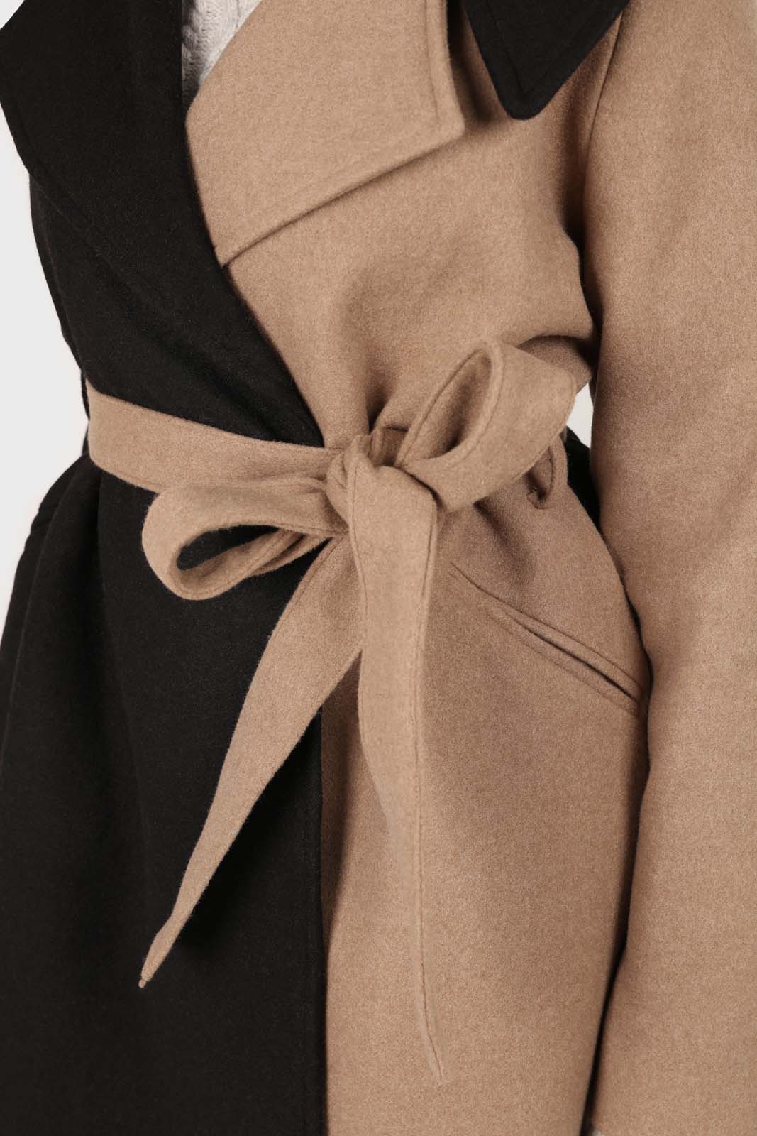 Beige and black wool blend contrast panel belted coat