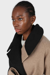 Beige and black wool blend contrast panel belted coat