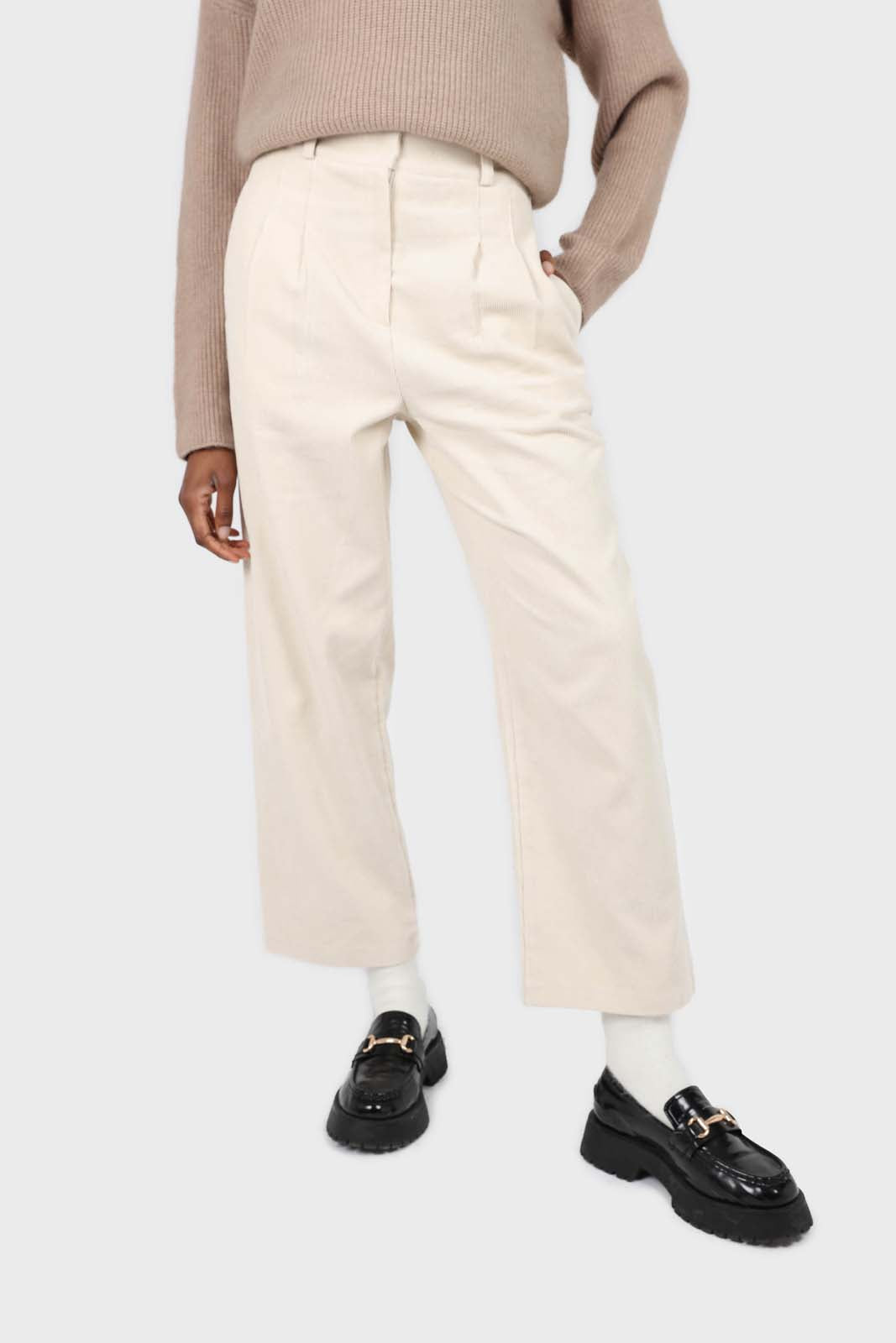 Ivory corduroy tucked loose fit trousers - 2010