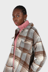 Brown and grey plaid wool blend belted shirt jacket