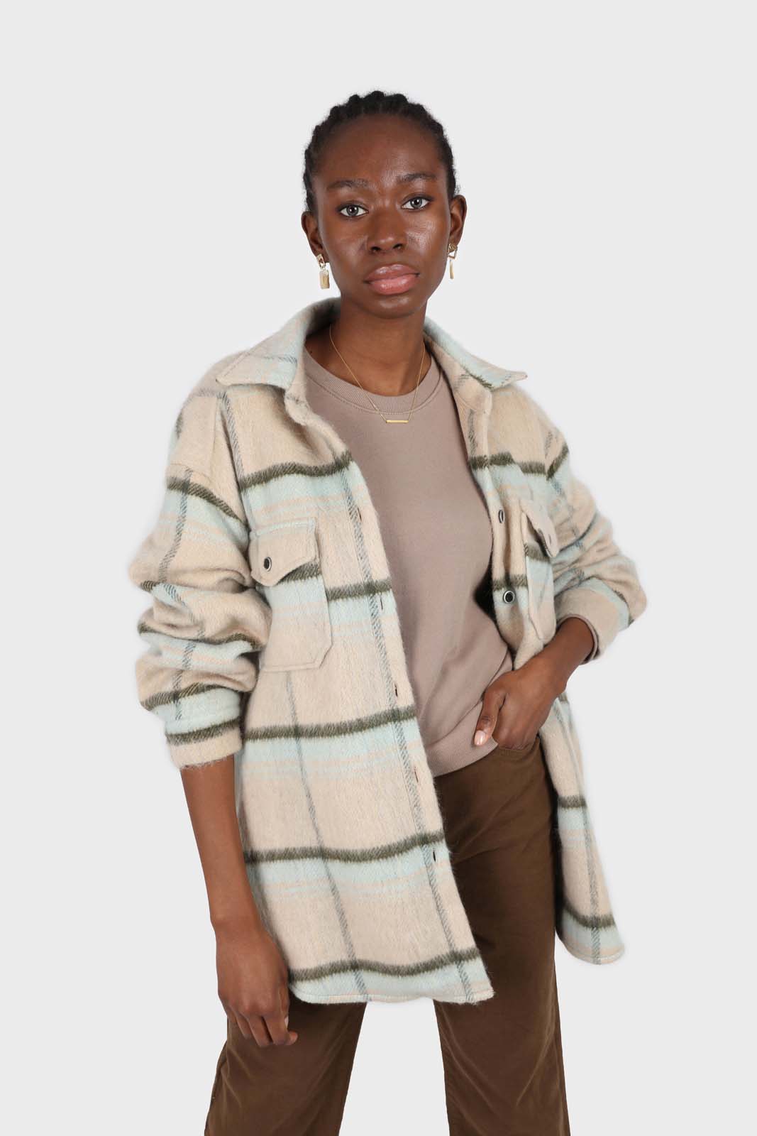 Beige and mint plaid wool blend belted shirt jacket
