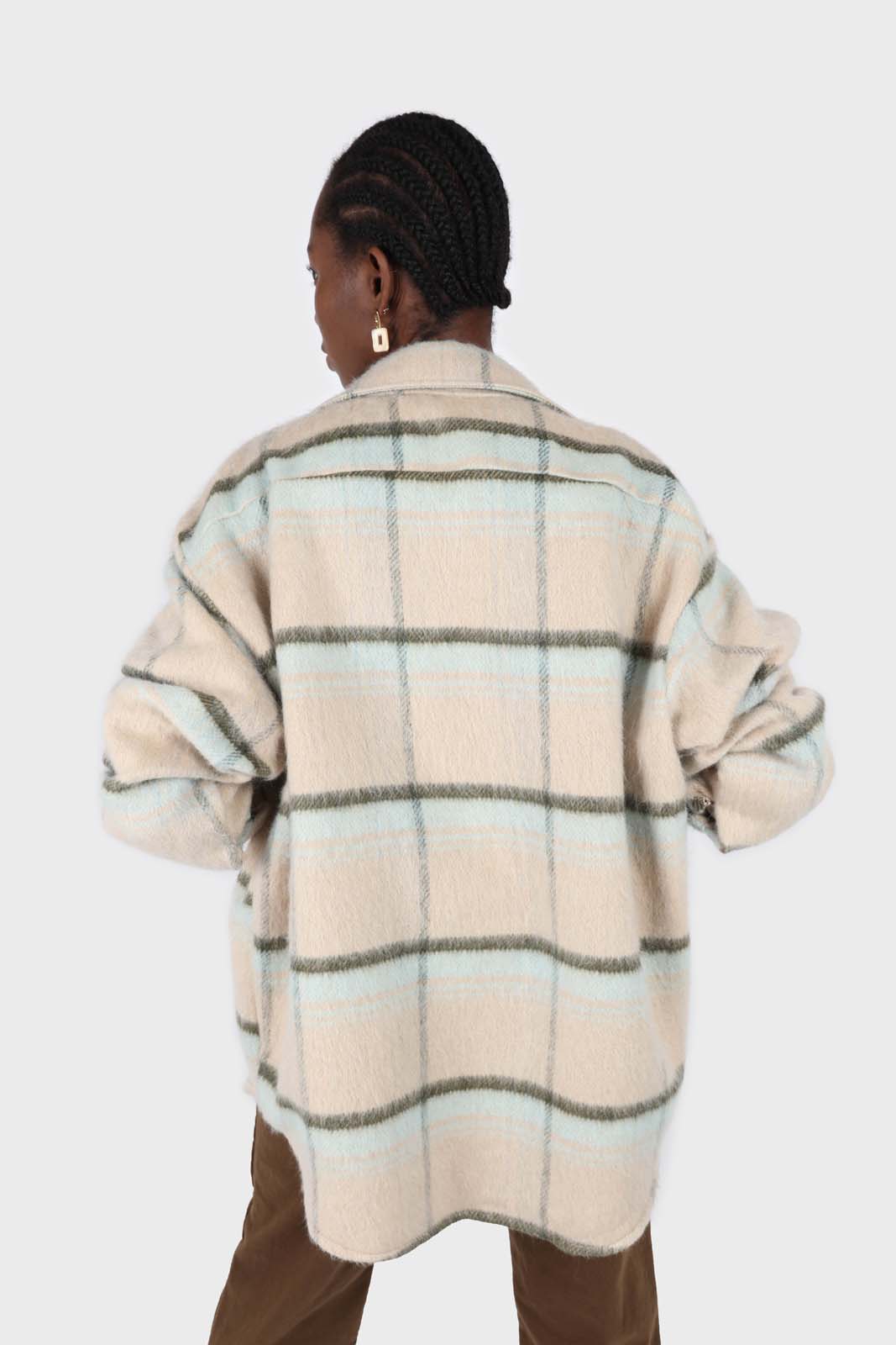 Beige and mint plaid wool blend belted shirt jacket