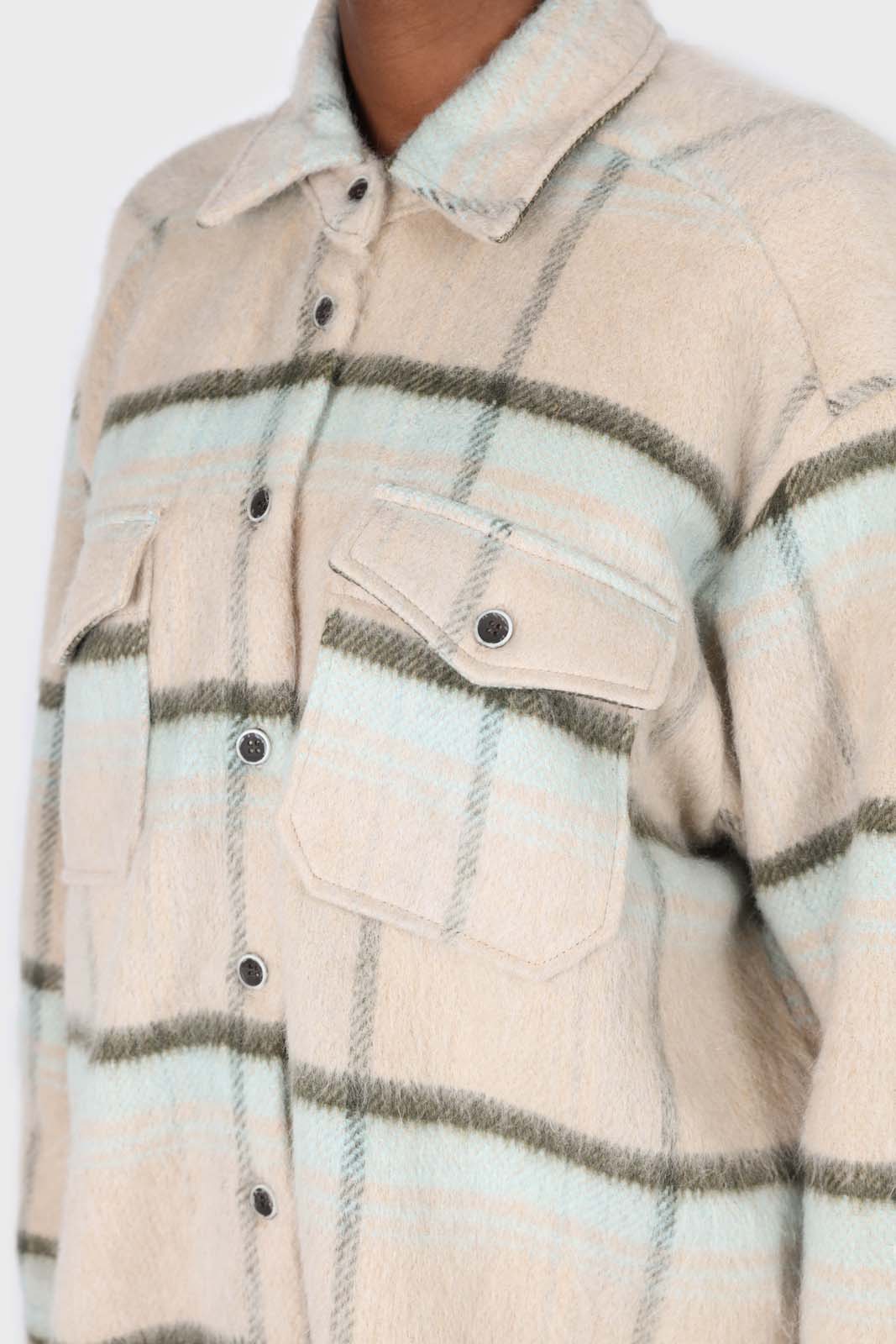 Beige and mint plaid wool blend belted shirt jacket