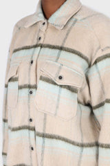 Beige and mint plaid wool blend belted shirt jacket