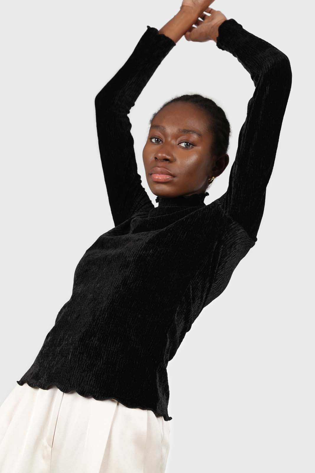 Black wrinkle velvet turtleneck top