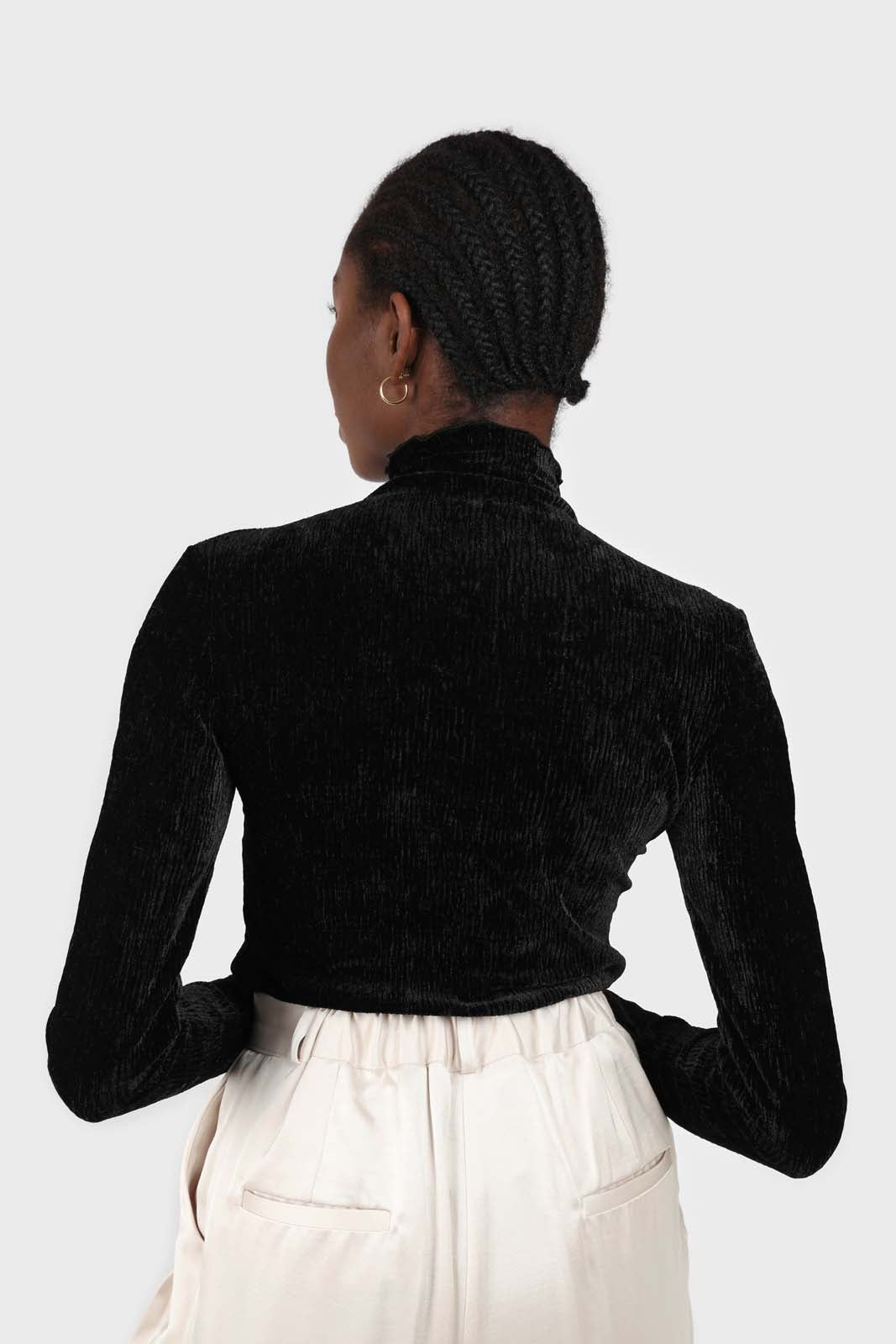 Black wrinkle velvet turtleneck top