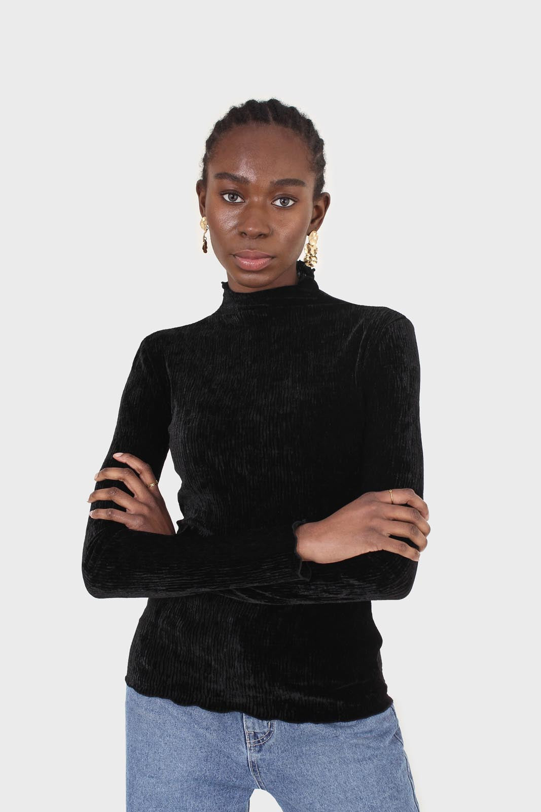 Black wrinkle velvet turtleneck top