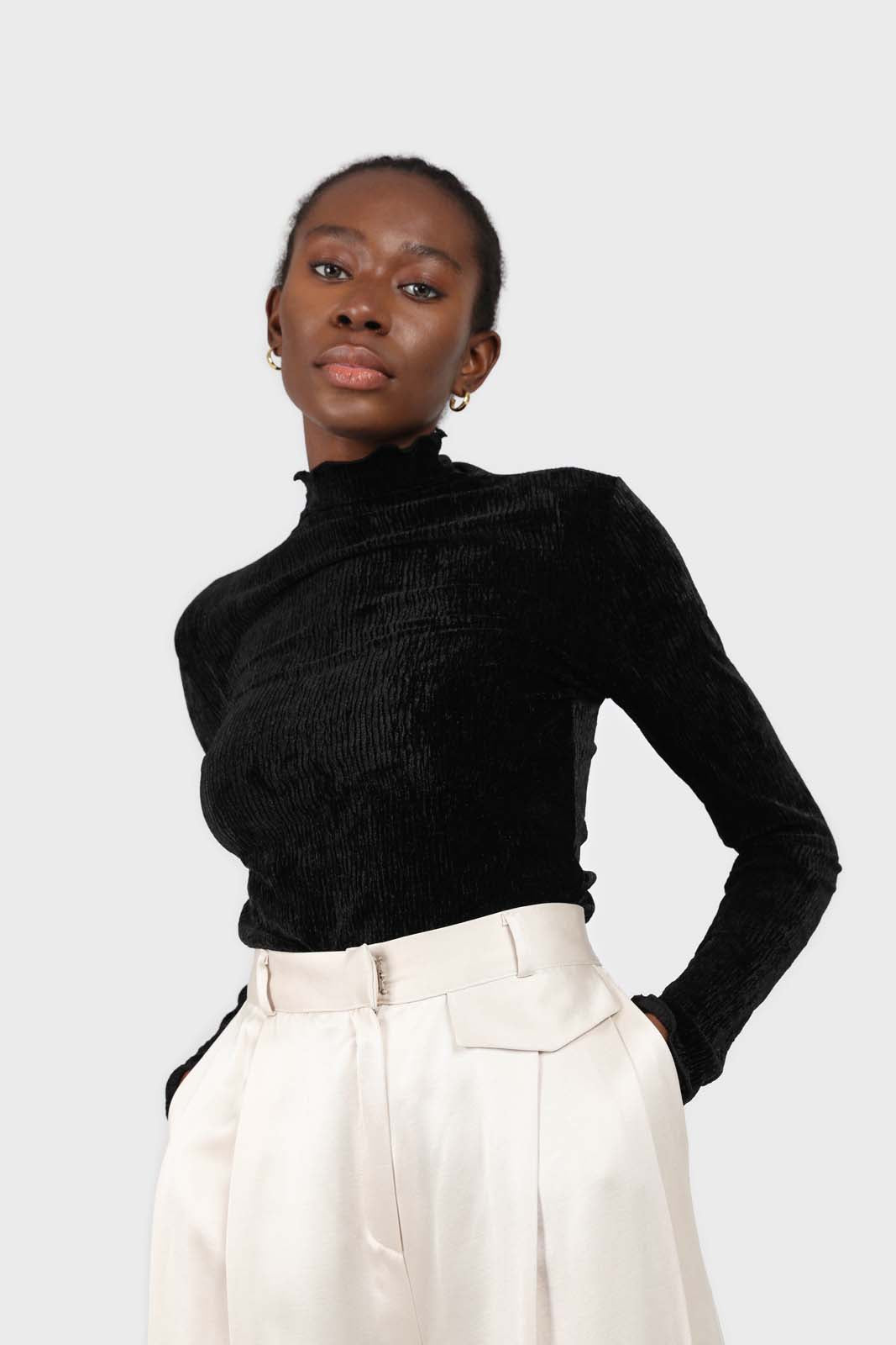 Black wrinkle velvet turtleneck top