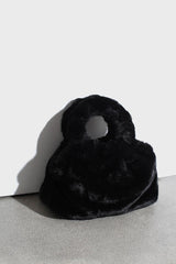 Black furry ring handle crossbody handbag