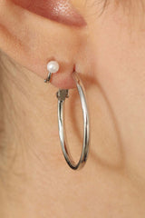 Silver dangling pearl single huggie earring - 4mm